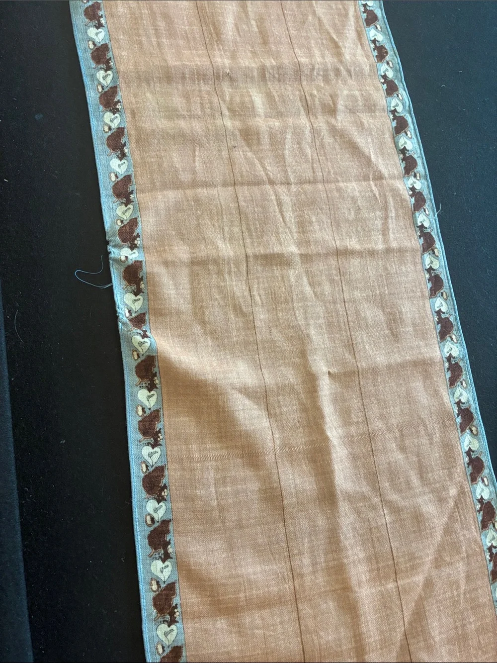 Vintage Long Linen Brown and Blue Bird Motif Scarf